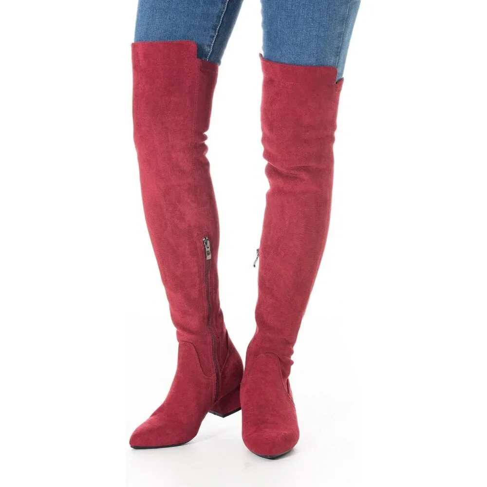 Women Red/2 Inch Heel Faux Suede Over The Knee Thigh High Low Block Heel Boot